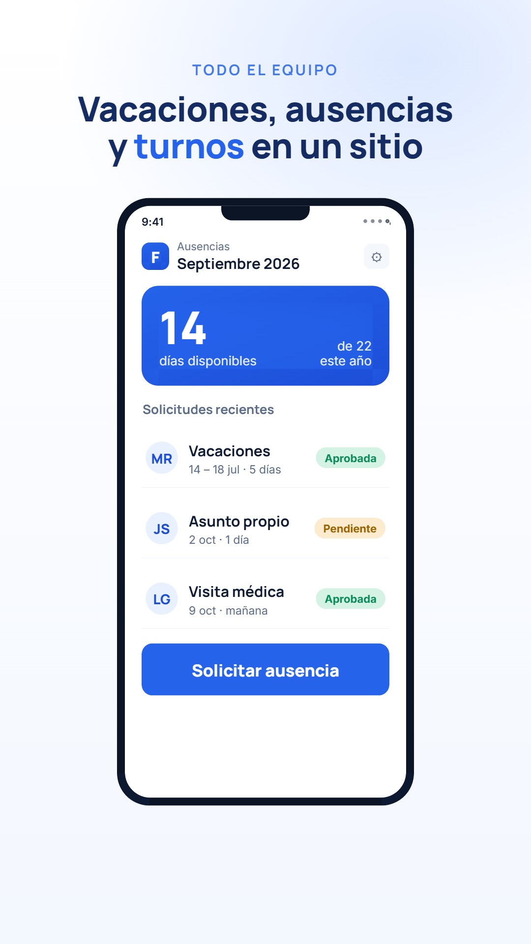 Pantalla de vacaciones y ausencias de Forjia con el saldo de días y las solicitudes