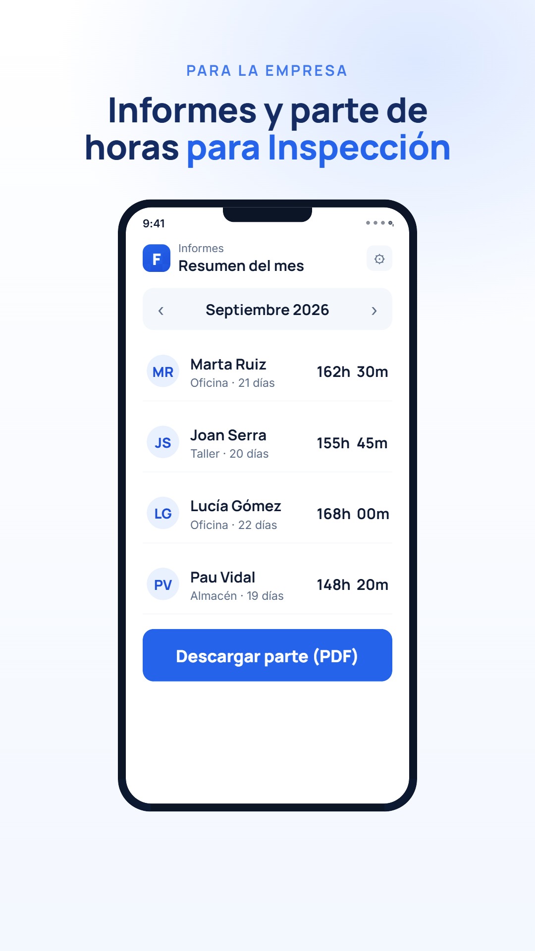 Pantalla de informes de Forjia: parte de horas en PDF y exportación a Excel
