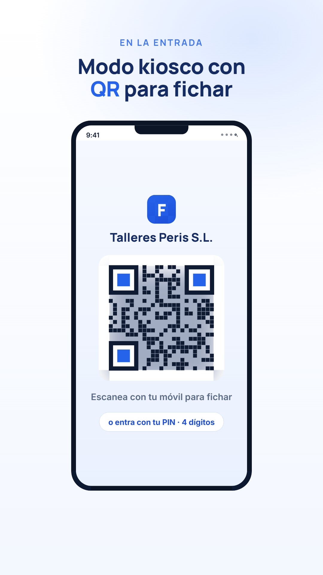 Código QR de fichaje de Forjia para escanear con el propio móvil; en la tablet del modo kiosco se ficha con un PIN de 4 dígitos