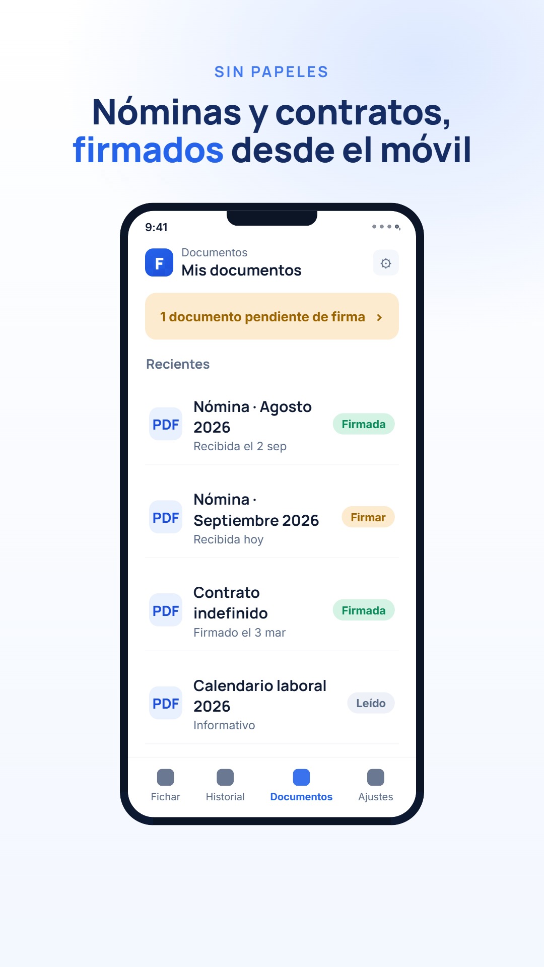 Pantalla de documentos de Forjia con nóminas y contratos firmados desde el móvil